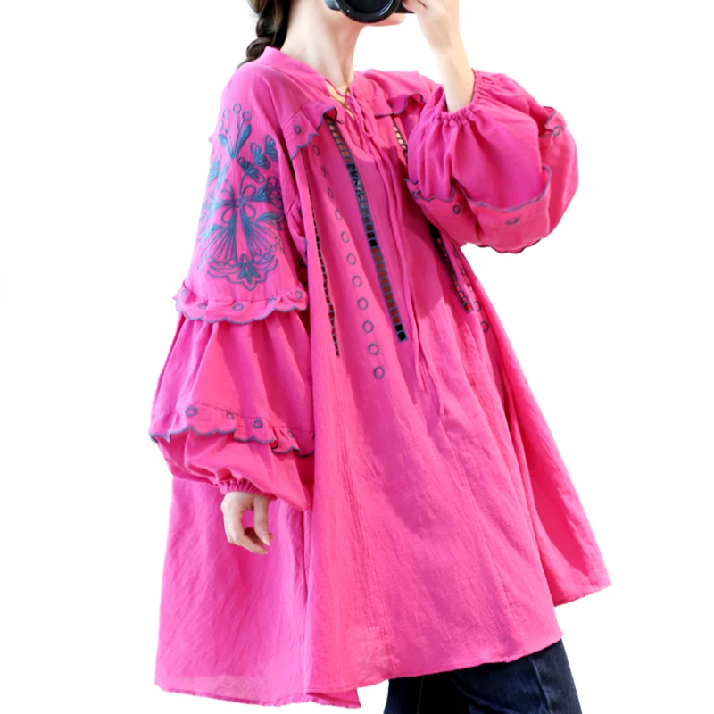 design 2020 Original spring ethnic folk bohemian lantern sleeve embroidered mid-length loose cotton linen shirt top