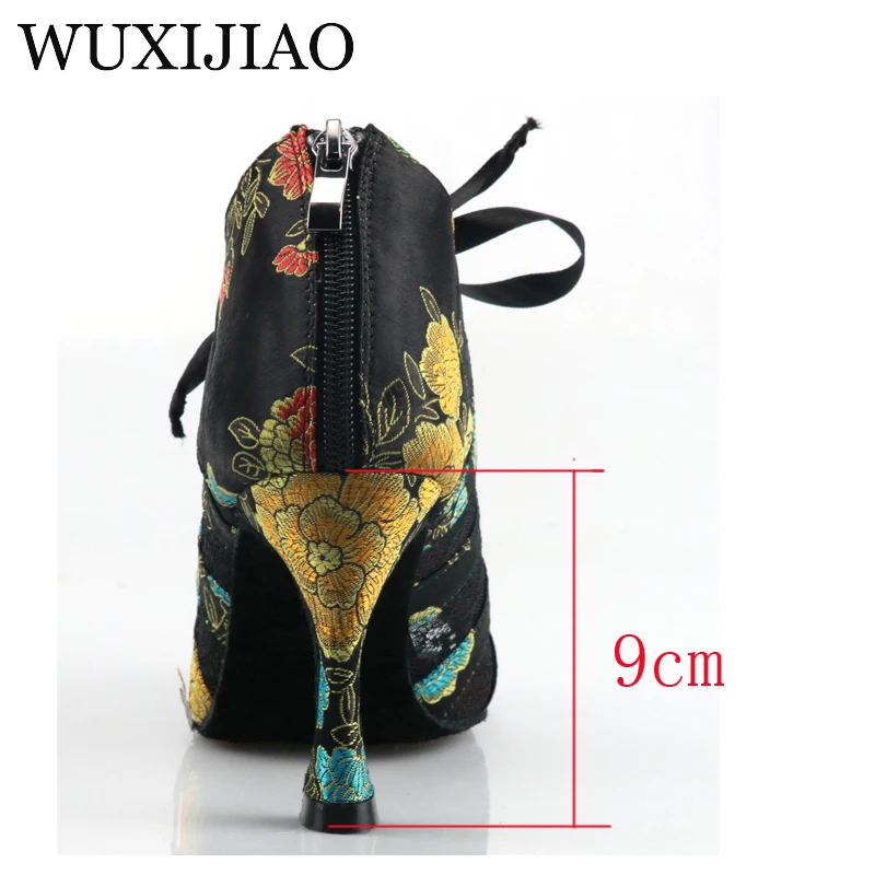 WUXIJIAO Ladies black mesh suede fashion cross strap sexy high heel sandals comfortable latin dance shoes salsa shoes