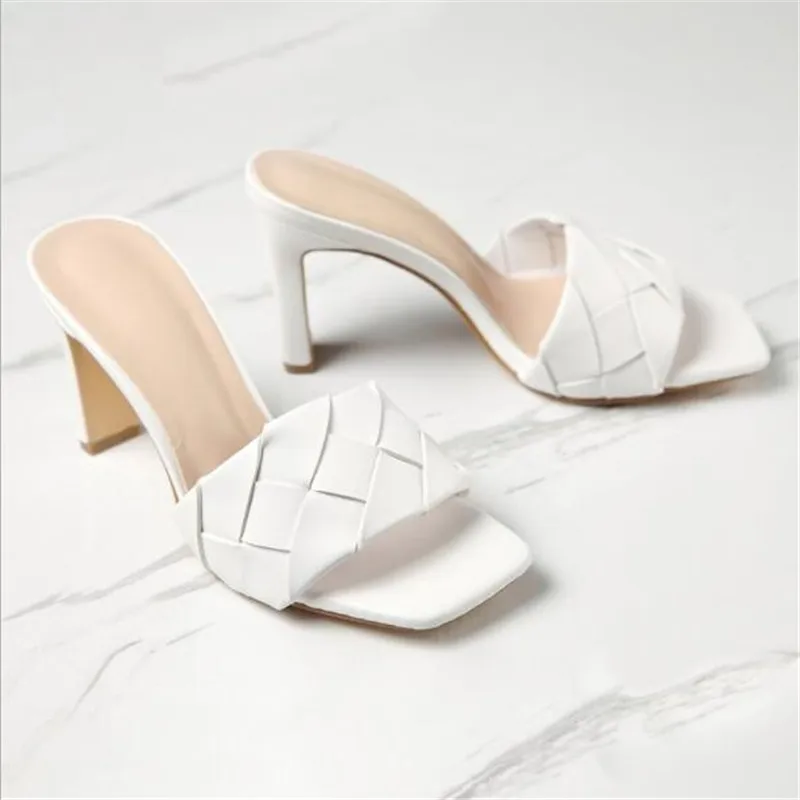 NEW Sexy PU diamond Square head Peep Toe High Heel Slippers Summer Fashion Slip On Thin Heels Slides Women Mules Party