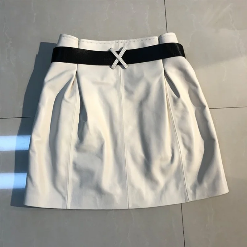 

High Summer Street Real Leather Mini Skirts Women Fashion Sashes Zipper A-Line High Waist Pockets Sheepskin Female Cargo Skirt