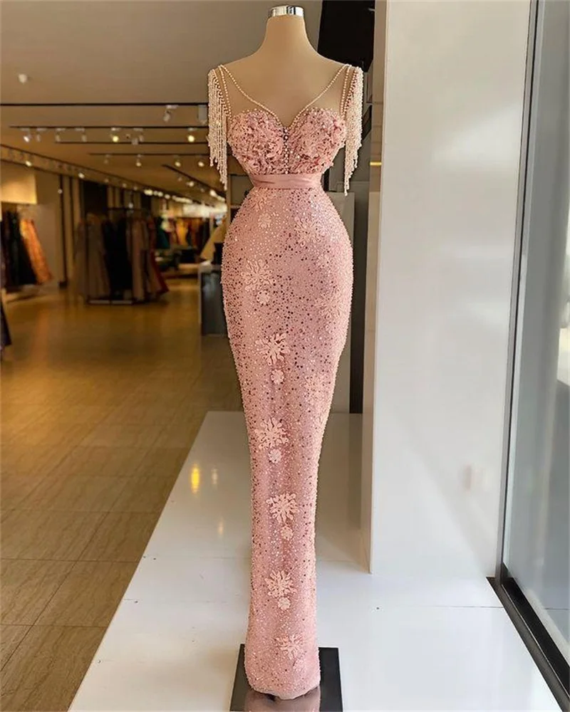 Robe de soirée en dentelle scintillante rose, tenue de bal de fin d'année, décolleté plongeant en v, avec gaine, pour la deuxième réception