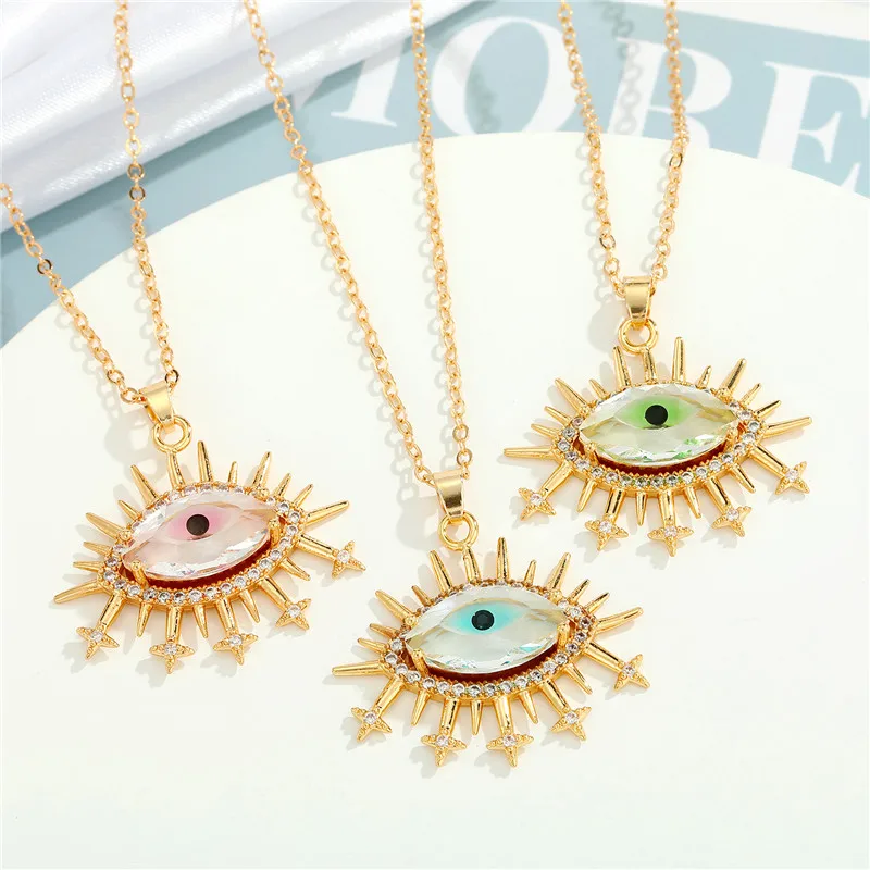 1PC Bohemia Colorful Transparent Crystal Evil Eye Necklace For Women Rhinestone Star Eyelashes Eye Pendant Necklace Choker N257