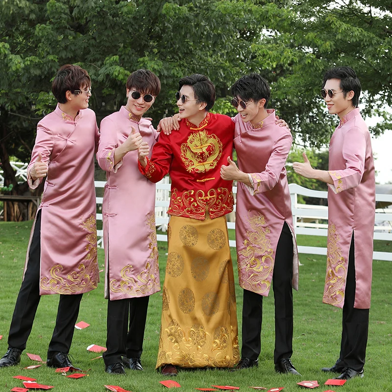 Red Black Pink Traditional Chinese Dresses Large Size Tang Suit Men Robe Brother Costume Cross Talk Gown Cheongsam Weddin Dress