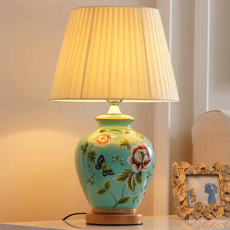 

Chinese rural blue flower&butterfly ceramic Table Lamps European dimmer touch fabric E27 LED lamp for bedside&foyer&studio MF027