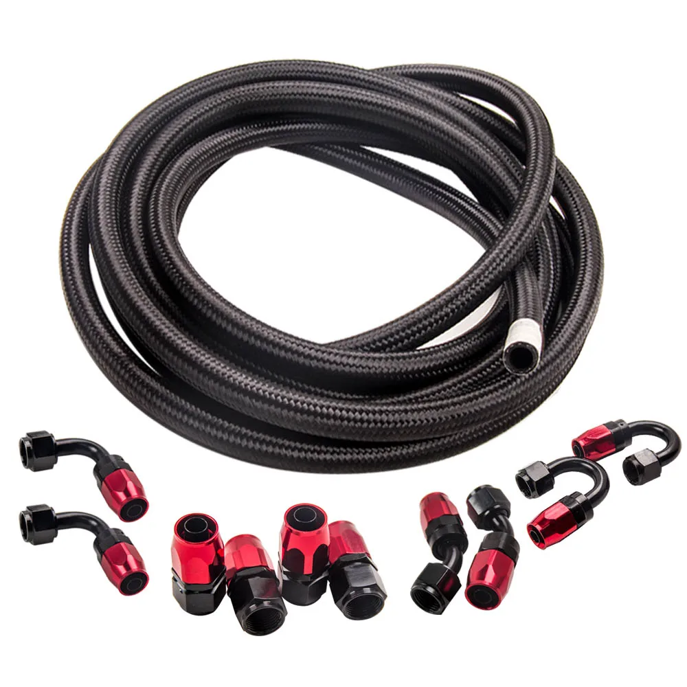 AN8 AN-8 Fitting Stainless Steel Nylon Braided Oil Fuel Hose Line 16FT Kit Red