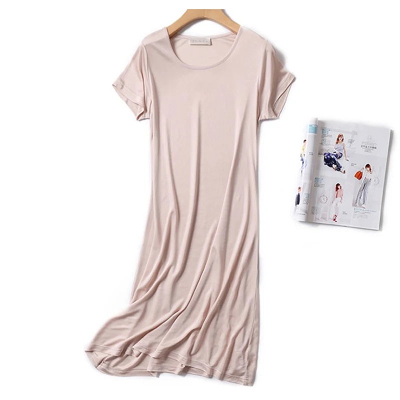 50% Natural silk sleepwear women nightgown sleeping dress pijamas ladies home wear Short sleeve plus size