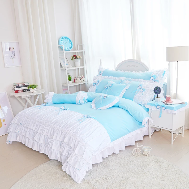 100% Cotton Princess Bedding Set Korean Style Blue White Ruffles Bow Duvet Cover Bed skirt Pillowcases Solid Color Home Textile