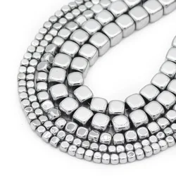 Cube Silver Plated Hematite Natural Stone Square Spacer Loose Beads For Jewelry Bracelets Making Diy Accessories 2/3/4/6MM 15''