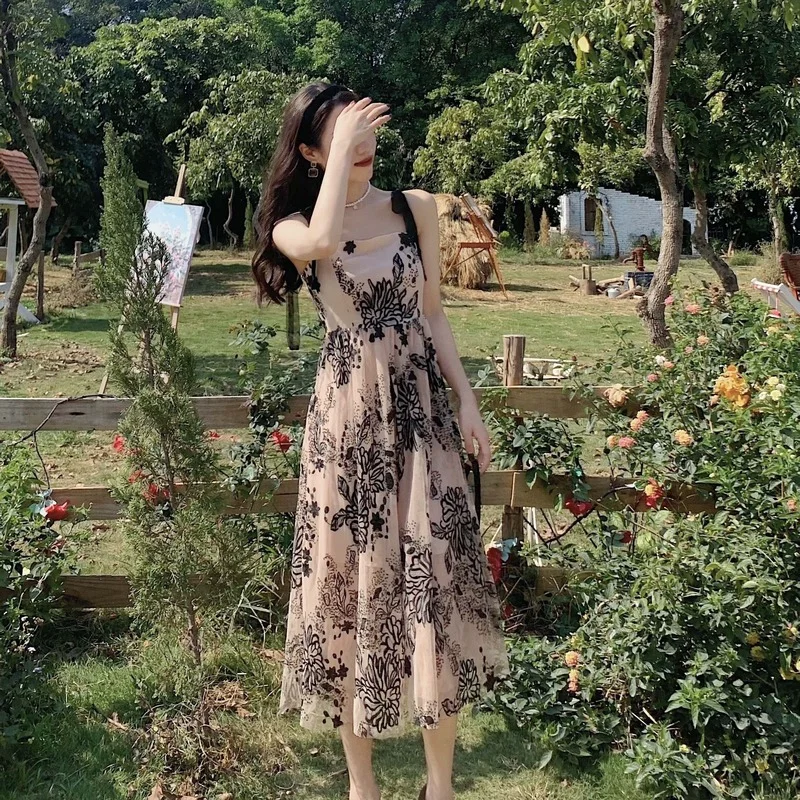 

2021 Vintage Floral Strap Midi Dress Women French Elegant Sweet Lace-up Print Dress Fashion Holiday Casual Beach Summer Dresses