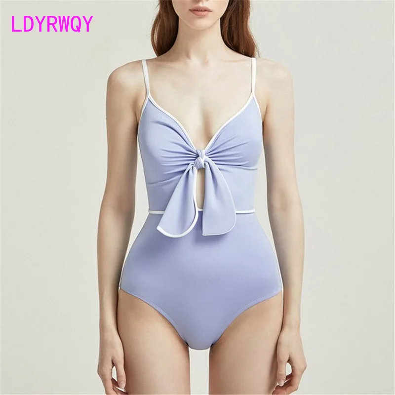 2021 new bow knot one-piece bikini women ins wind retro sexy slim high waist swimsuit women