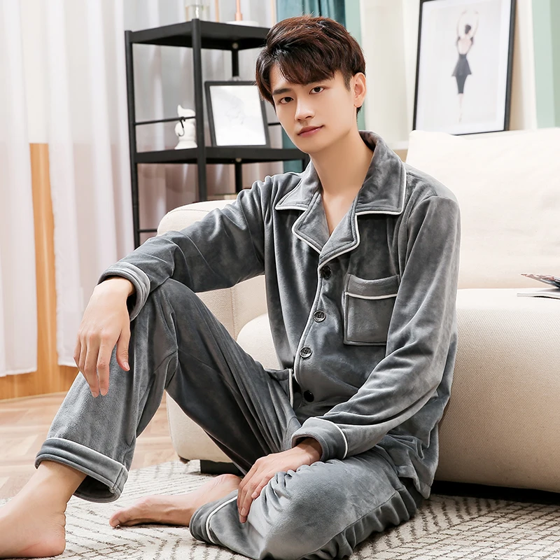 Winter Coral Fleece Pajamas Men PJ Full Sleeves Homewear Warm Thicken Pijama Island Velvet Sleepwear Soft Gray Pyjama Homme