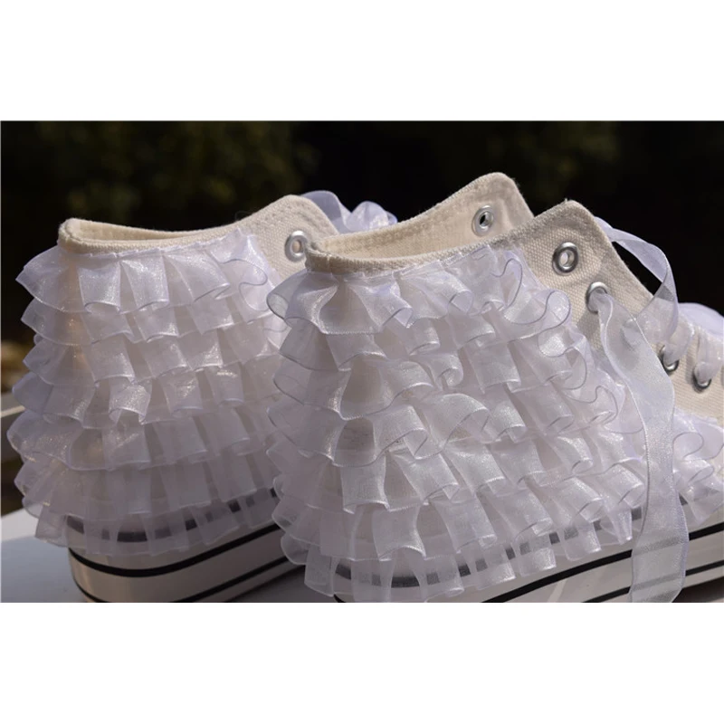 Women\'s Handmade Canvas Shoes Student White High Gang Thick Soled Girls Sweet Hidden Heel Shoes with Lace Chiffon Decoration