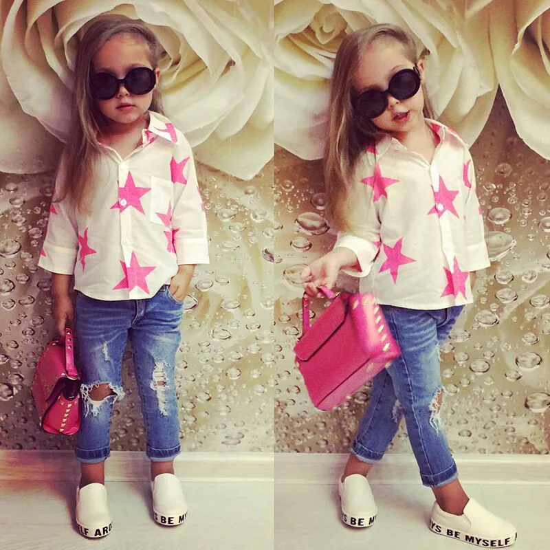 

Summer Girls Hole Jeans Chiffon Blouse 2 Pieces Suits Baby Outfits Set Children's Clothing Denim Long Pants Tops