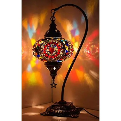 

(33 Colors) LaModaHome 2019 English Moroccan Mosaic Table Lamp with US Plug & Socket, swan Neck Handmade Desk Bedside Table Nigh