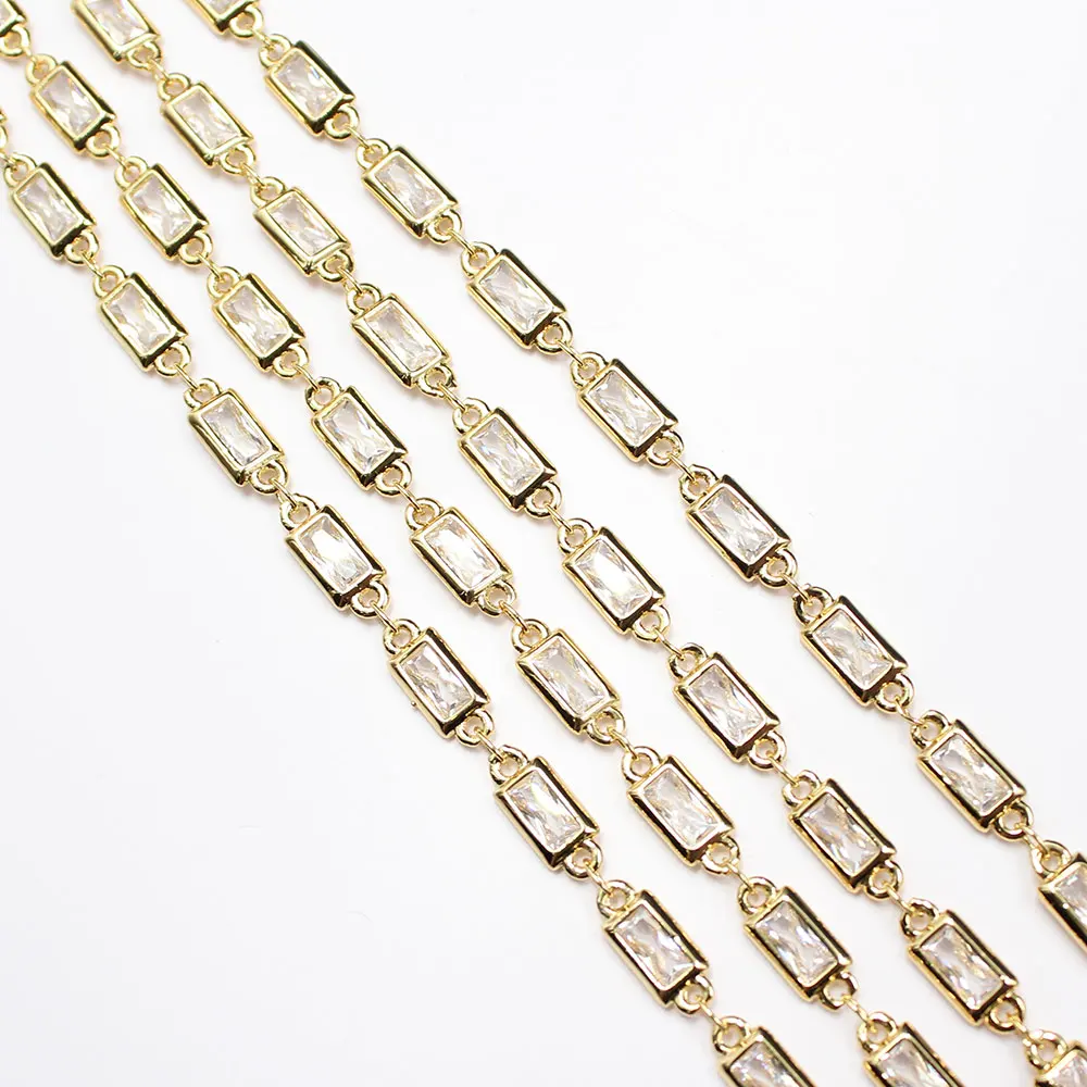 APDGG  1 Meter Bezel Set 4x7mm Clear CZ Yellow Gold Plated Copper Fashion Chain Paperclip Neck Chain Pearl Jewelry Making DIY