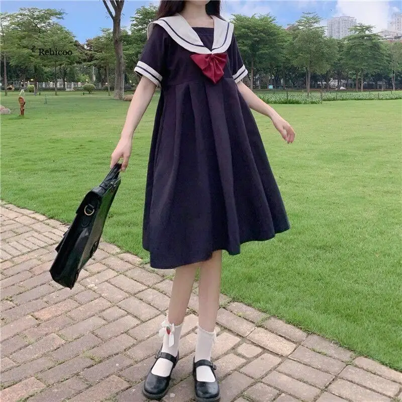 Summer Style Long Sleeve Dress Female Sweet Lovely Japanese Korean JK Short Sleeve Navy Collar Girlfriends A-Line Skirt