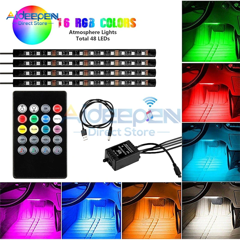 Tira de luces LED para Interior de coche, tira de luces RGB de atmósfera, inalámbrica, Control remoto IR, impermeable, SMD 5050, 48 LED