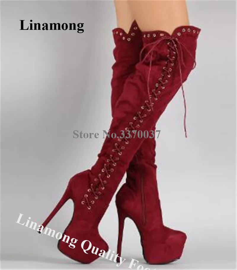 Winter Fashion Sexy Round Toe Over Knee High Platform Stiletto Heel Gladiator Boots Side Lace-up Wine Red Long High Heel Boots