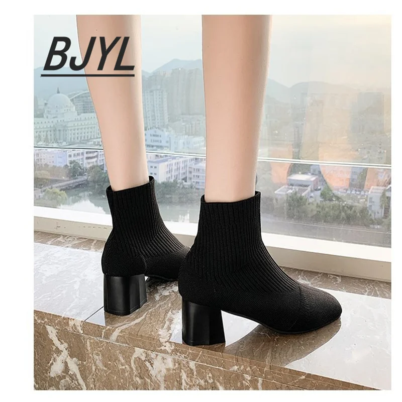 2021 Autumn and Winter New Knitted Socks Boots Women Thick Heel High Heel Small Short Boots Single Tube Elastic Boots Women