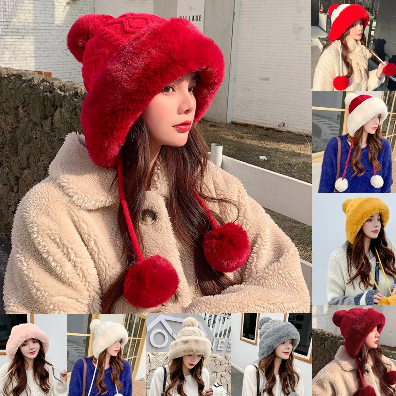 Fashion Faux Fur Knitted Bobble Beanie Hat Cute Pom Pom Ball Cossack Skiing Furry Cap Winter Thicken Warm Knitted Cap Cold-proof