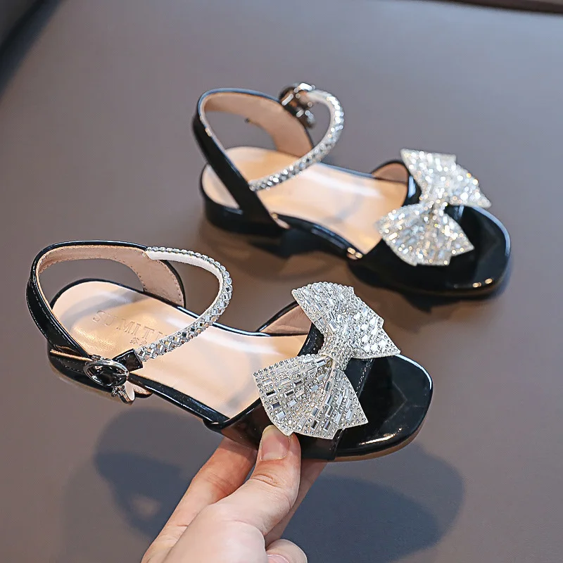 Children\'S Summer School Shoes For Girls Black Leather Sandals 2021 Kids Fashion Rhinestone Bow Sandals 3 5 7 8 9 10 11 12 Year