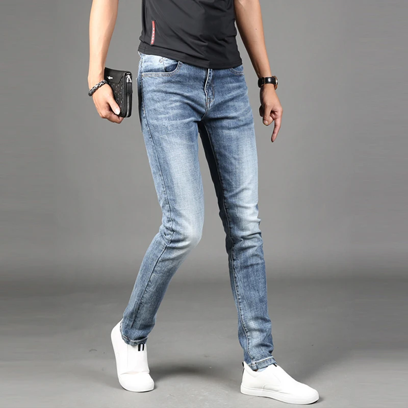 Men's Jeans Summer Blue Stretch Straight Slim Fit Pants Fashion Korean Style Thin Denim Trousers