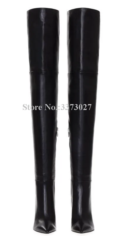 Black Leather Chunky Heel Long Boots Woman Sexy Pointed Toe Thick Heel Over the Knee Boots Fashion Large Size Nude Color Boots