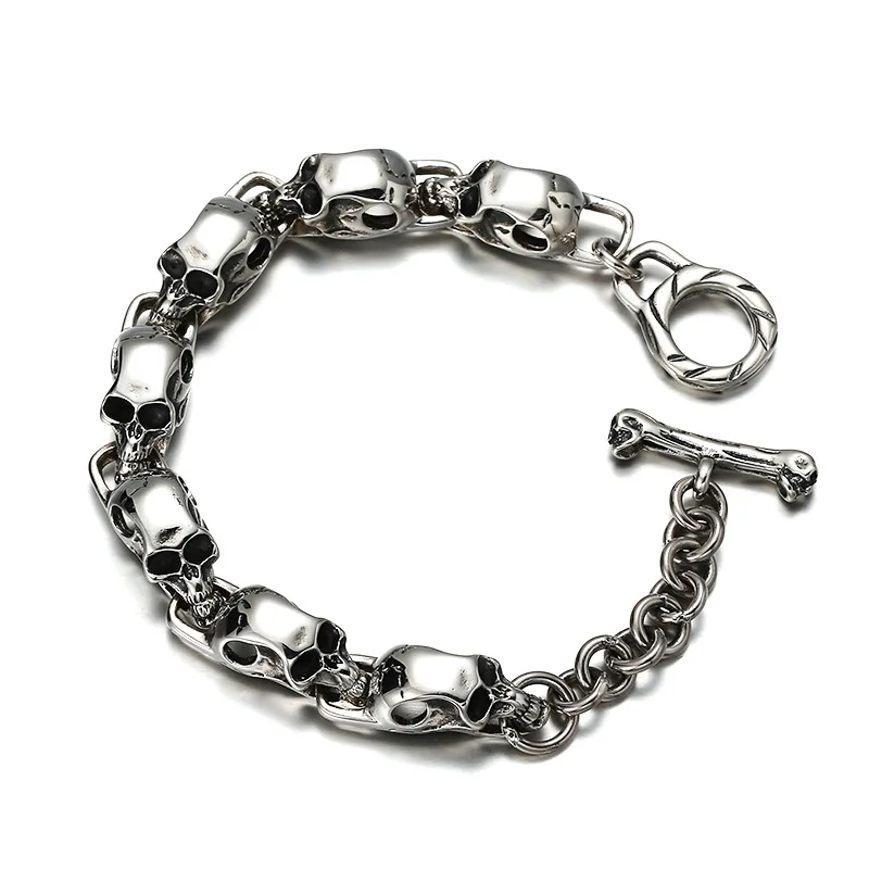 

100% S925 Sterling Silver Punk Style Skull Bracelet Men's Hip-Hop Trendy Accessories Old Thai Silver