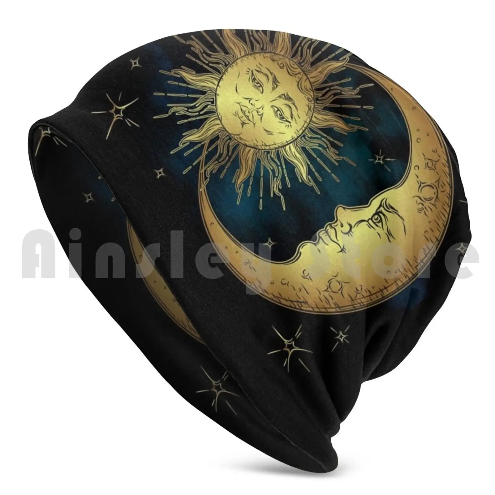 The Sun , Moon And Stars Beanies Knit Hat Hip Hop Sun Moon Stars Night Sky Celestial Mystic Gold Magical