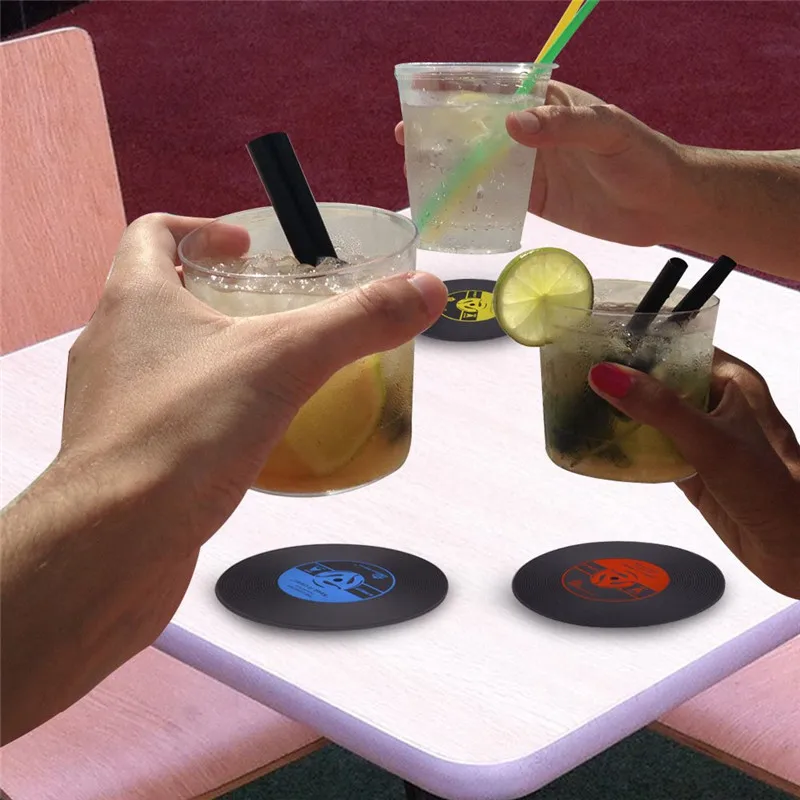 Coasters for Drinks Set of 12 Vintage Vinyl Record Retro Mats Soft Rubber Cup Mat Silicone Drink Coasters Large 4 inch