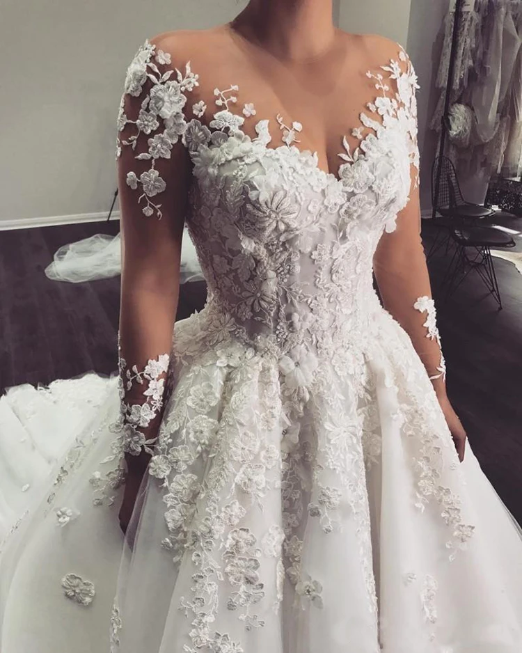 Luxury Arabic Illusion Long Sleevs Wedding Dress 2025 Princess 3D Flowers Robe De Mariee Beaded Appliques Bridal Gowns Customize