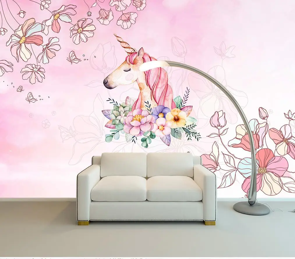 Benutzerdefinierte Größe Wandbild Rosa Flamingo Einhorn Wandbild Kinderzimmer Prinzessin Zimmer Tier dekorative Malerei Fotos 3D Tapete