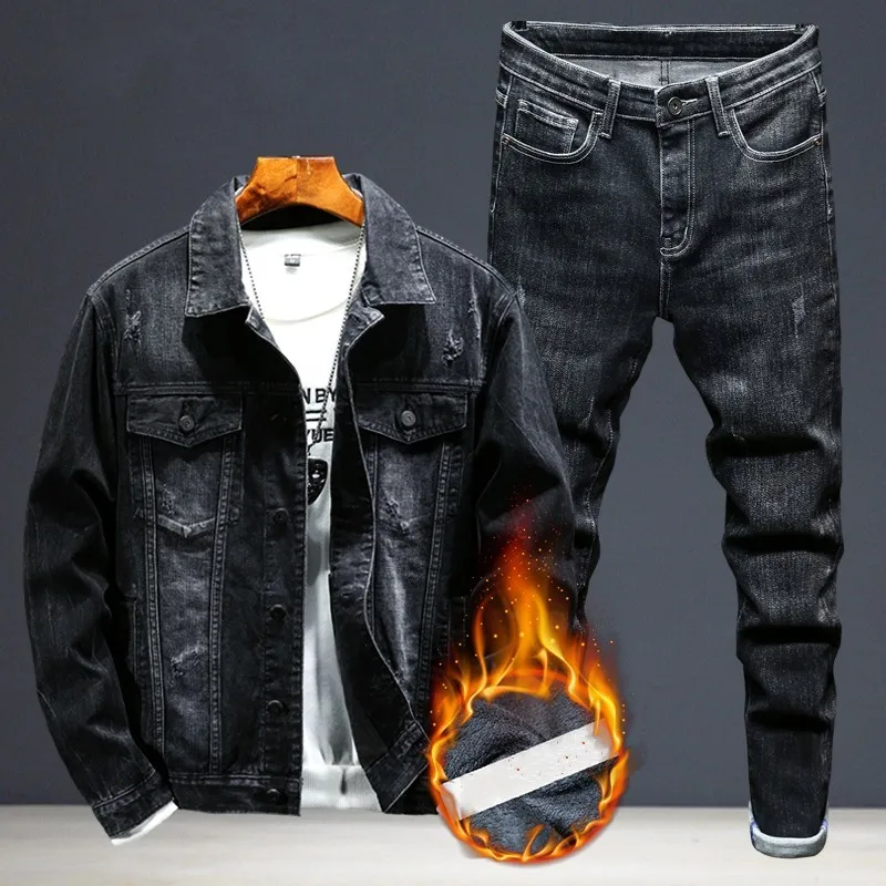 Fashion Men Denim Jacket Jeans Two Piece Set Autumn Slim Fit Matching Sets Casual Streetwear Winter Fleece Lining Cowboy Outfits