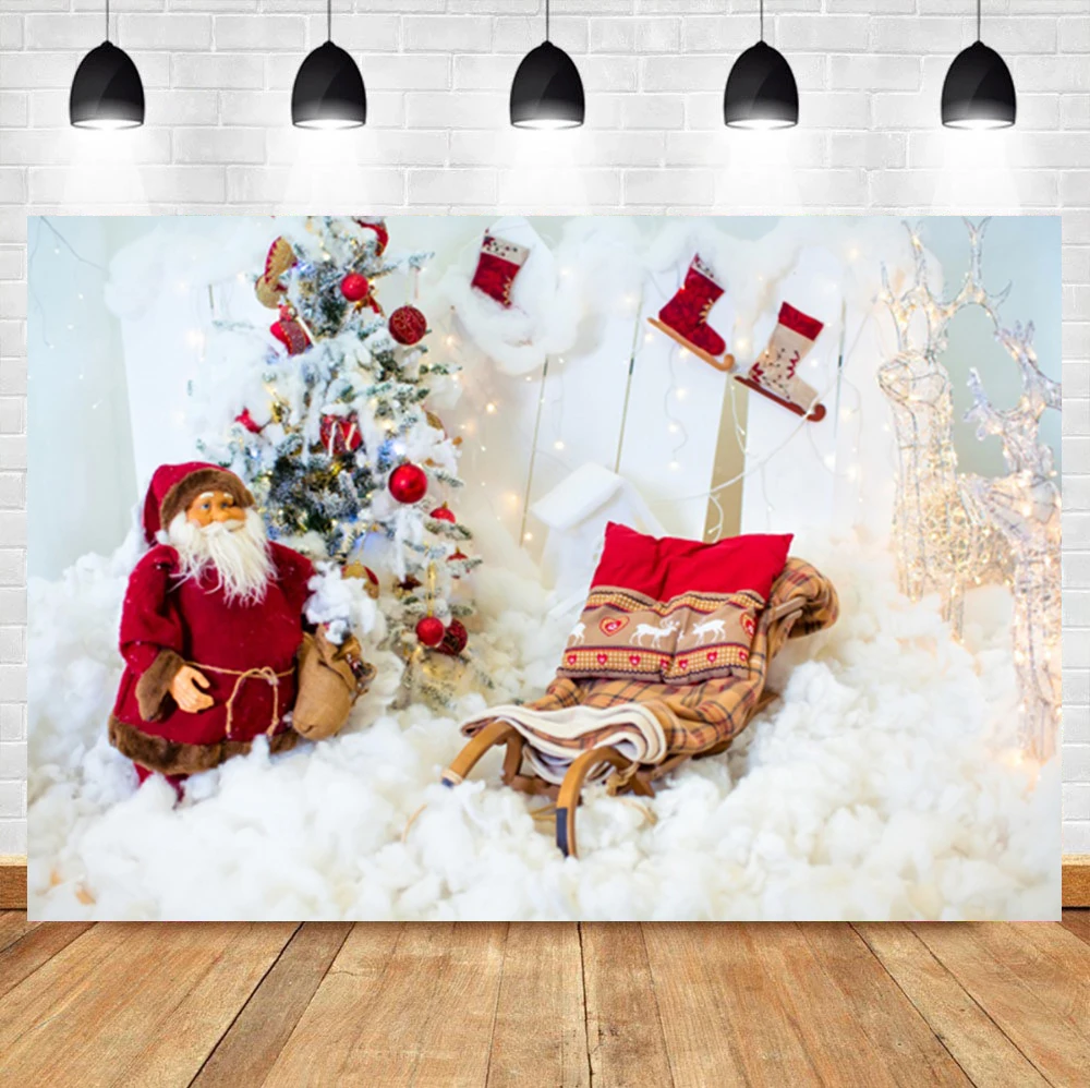 Laeacco Cartoon Christmas Birthday Photo Background Santa Sleigh Tree Baby Portrait Photographic Photo Backdrop For Photo Studio