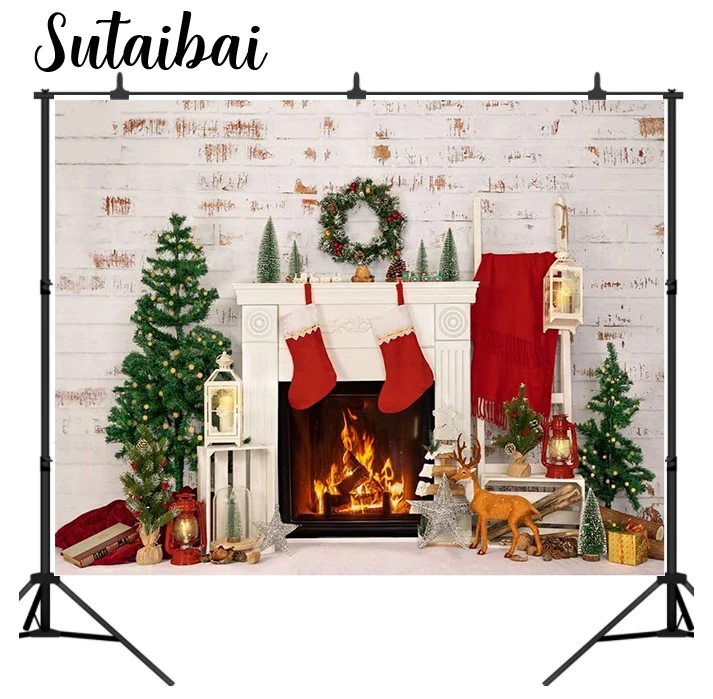 Christmas Photography Background Party Birthday Newborn Backdrop Fireplace Christmas Tree Wreath Child Decoration Photo Studio