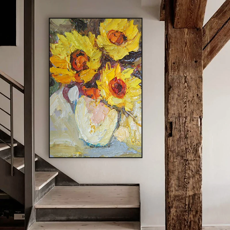 

Hand Painted Large Textured Abstract Vase Sunflower Oil Painting On Canvas 3D Flower Wall Art Picture For Living Room Wall Decor