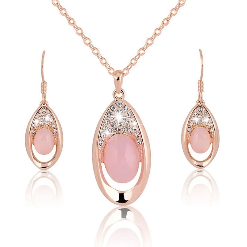 Pink Crystal Hibiscus Stone Earrings Necklace Set for Girls Bithday Gift Female Fashion Jewelry Neck Decor Pendant Necklaces