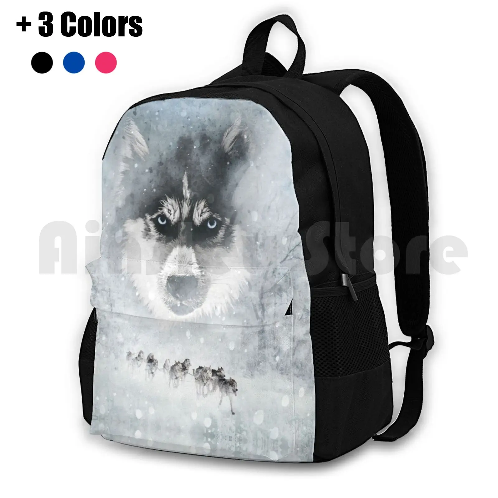 Winter Huskies Outdoor Hiking Backpack Waterproof Camping Travel Domestic Animal Dog Dogs Destroyed Pixel Cool Animal Animals