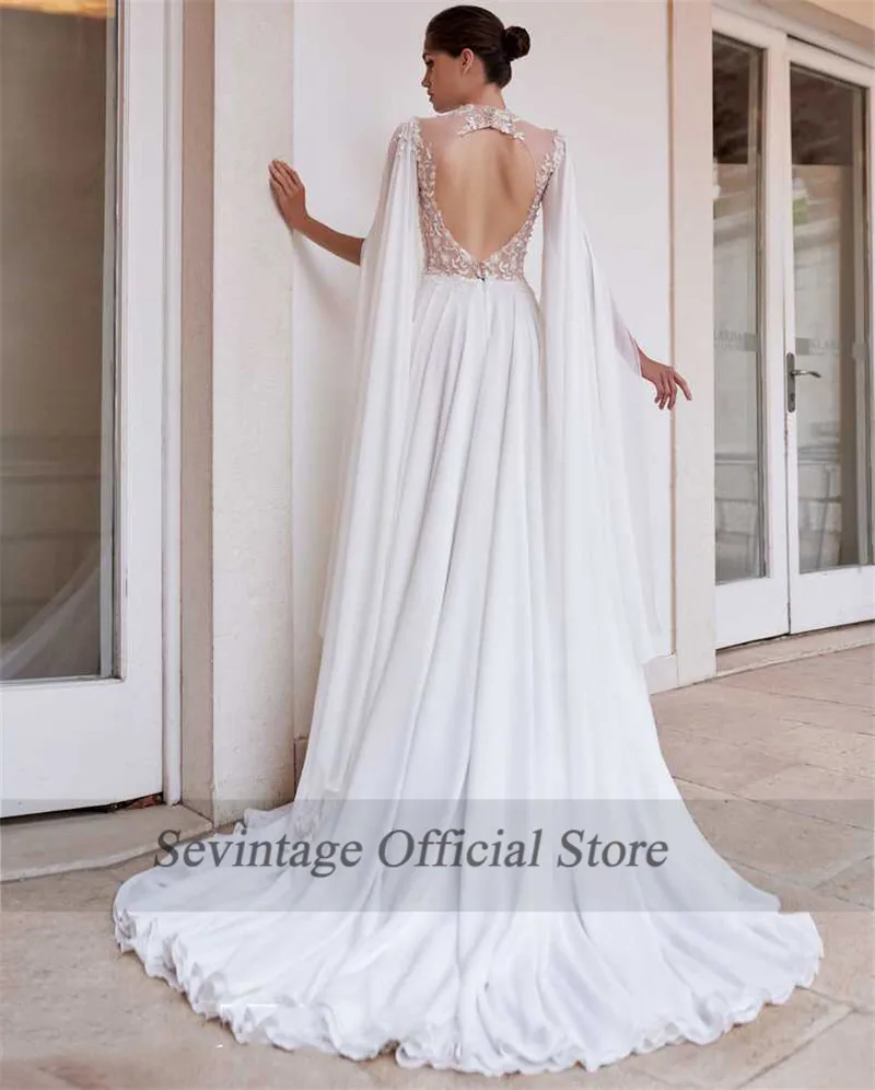 Sevintage Collo Alto in Chiffon di Boho Abiti da Sposa Più Il Formato Beach Pizzo Abiti da Sposa con Watteau Treno Backless Vestido De Noiva