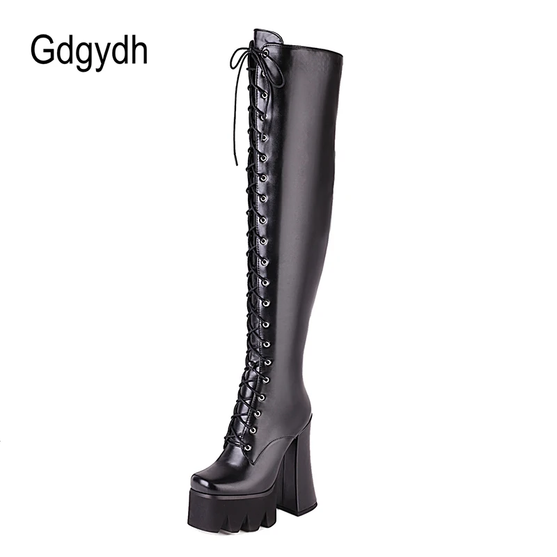 Gdgydh Front Lace Up Women Winter Boots Over The Knee Black Matter Leather Plus Size Lady Fashion Long Boots High Heels Platform