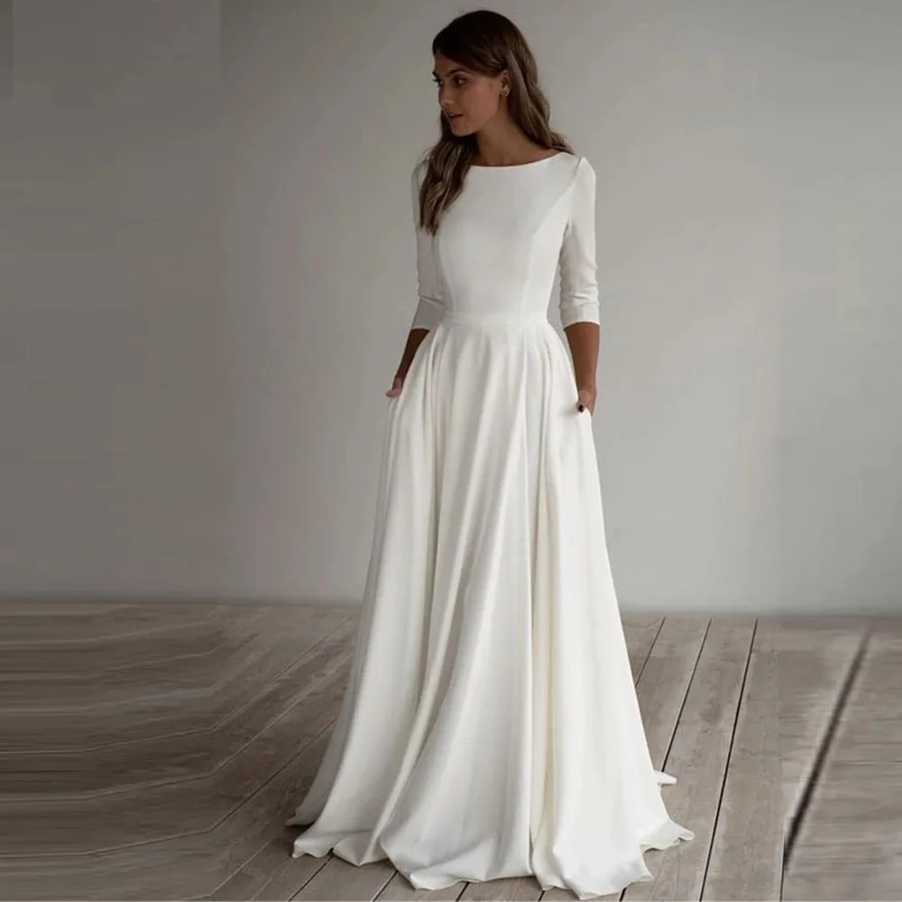 

Simple Wedding Dress 2021 Long Sleeves A Line Crepe Boat Neck Elegant Bridal Dresses With Pockets Plus Size robe de mariee