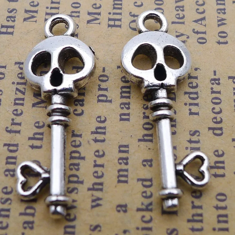 20pcs Wholesale Accessories For Jewelry Antique Silver Color Skull Key Charms 10x26mm