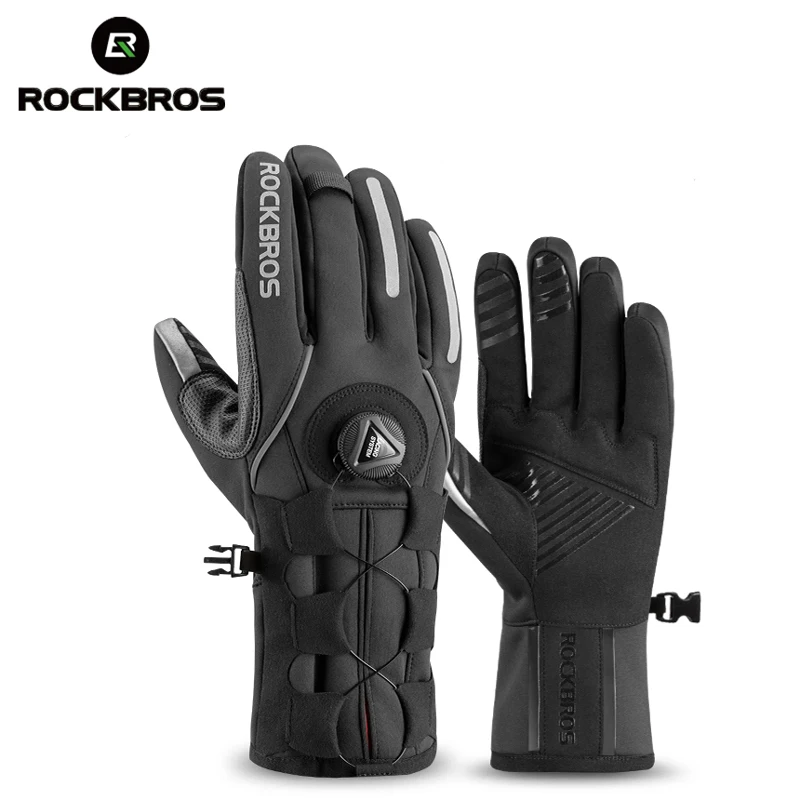 ROCKBROS MTB Winter Gloves For Bicycle Touch Screen Adjustable Winter Warm Fleece Gloves Bike Windproof Ski Sport Mens Gloves