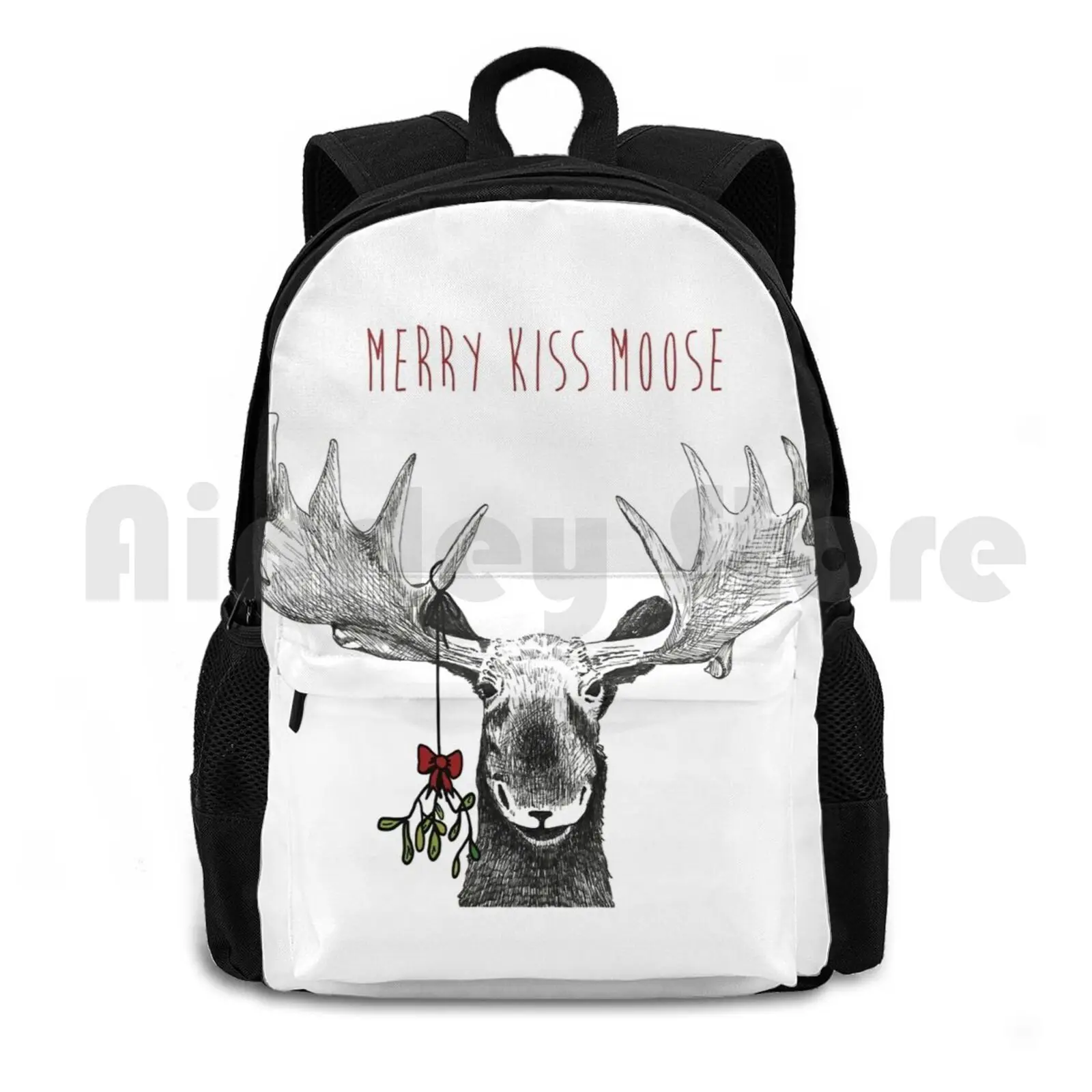 Merry Kiss Moose Christmas Mistletoe Outdoor Hiking Backpack Riding Climbing Sports Bag Winter Nature Woodland Vermont Maine