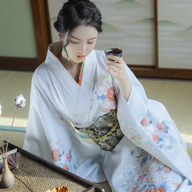 Japanese Traditional Long Sleeve Kimono Light Blue Color Ballroom Dress Floral Prints Yukata Cosplay Wear Performing Cloth AliExpress