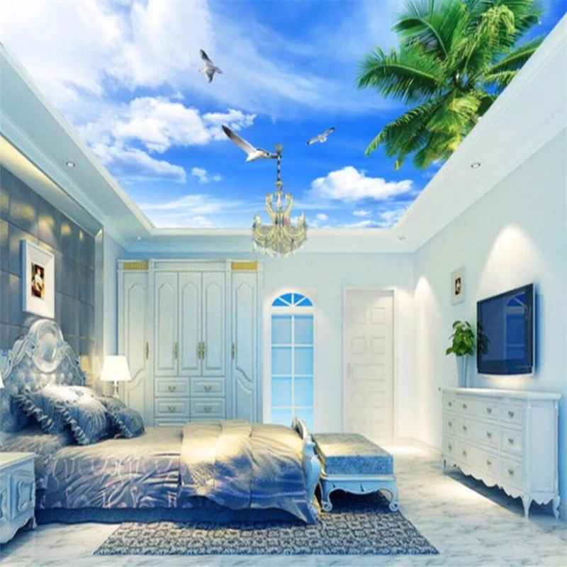 

wellyu Custom Wallpaper 3d Photo murals Coconut Blue Sky White Cloud HD Pagoda Living Room Mural papel de pared ceiling wllpaper