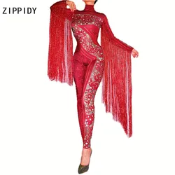 Silver Red Rhinestones Fringe Jumpsuit Birthday Celebrate Outfit Bar Dance Leggings Women Singer Dancer Outfit