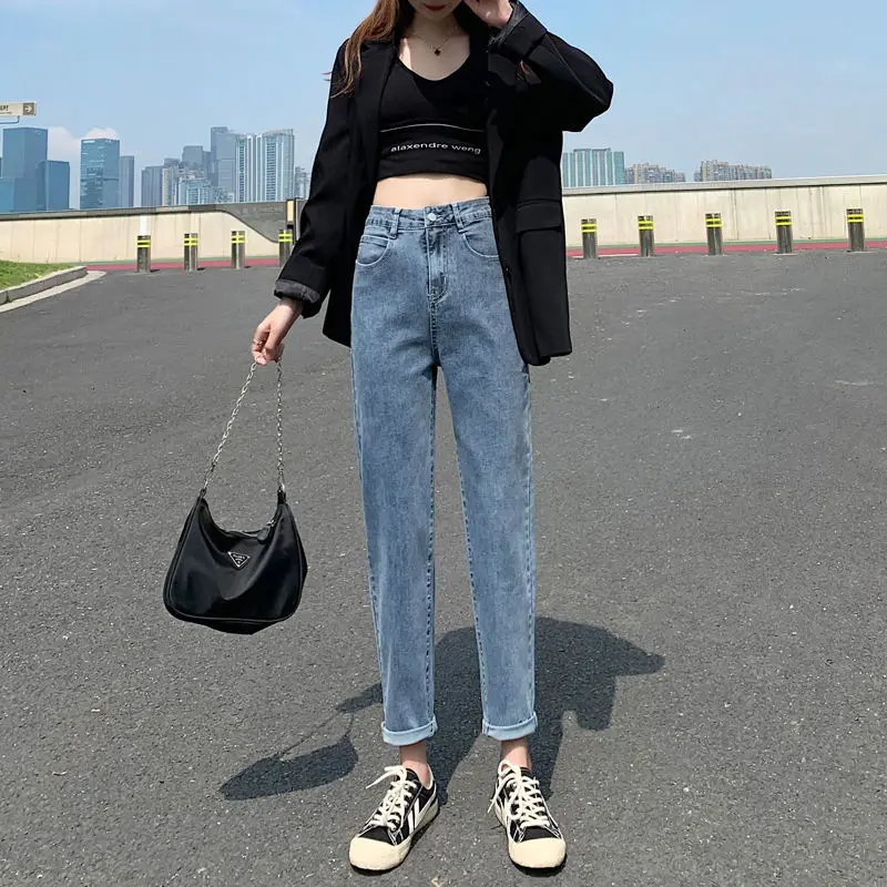 Jeans Frauen Hohe Taille Vintage Grundlegende Dünne Unterseite Koreanischen Stil Alle-spiel Damen Casual Mode Täglichen Beliebte Einfache Klassische ins