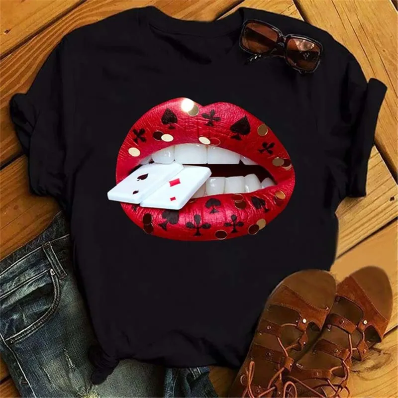 Fashion Women T Shirt Funny Red Lips Graphic Tops Tees Women Harajuku Casual O-neck Tshirt 90s Korean Girls T-shirt Clothes