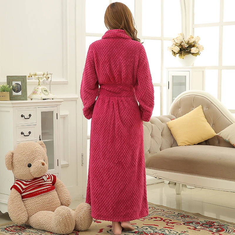 Women Extra Long Thermal Bathrobe Jacquard Flannel Winter Plus Size Pregnant Warm Bath Robe Zipper Dressing Gown Men Sleepwear